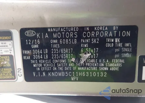 2017 Kia Sedona Lx z USA, uszkodzony, nr VIN KNDMB5C11H6310132